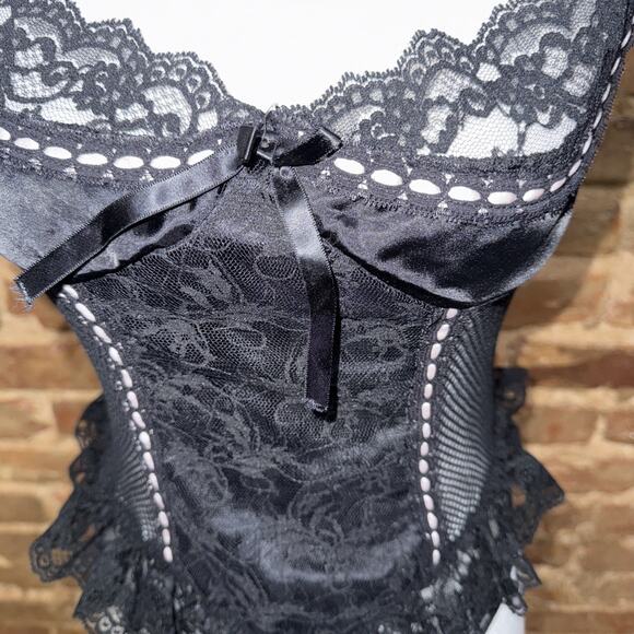 Vintage Black Fish Net Teddy Lingerie white Satin ribbon Bustier Sz M Burlesque - Picture 2 of 9